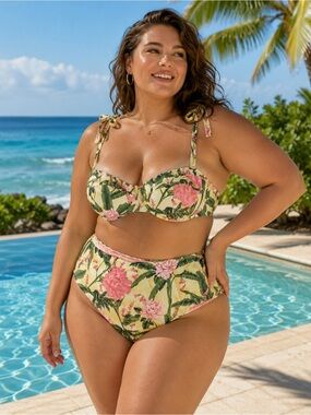 Aguabendita‎ Target Bikini 2X Swimsuit Yellow Floral Stripe Top Bottom Plus Size